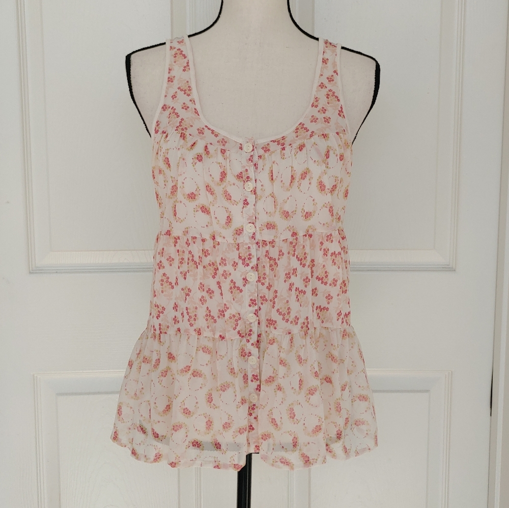 Floral Chiffon Button Front Peasant Tank Top
